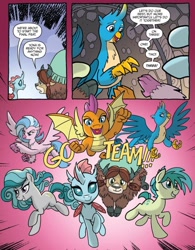 Size: 765x982 | Tagged: safe, artist:tonyfleecs, idw, character:gallus, character:ocellus, character:sandbar, character:silverstream, character:smolder, character:yona, species:changeling, species:classical hippogriff, species:dragon, species:earth pony, species:griffon, species:hippogriff, species:pony, species:reformed changeling, species:yak, cute, dialogue, diaocelles, flying, open mouth, smiling, speech bubble, student six, swift foot, teenaged dragon, teenager, thracian
