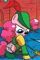 Size: 377x567 | Tagged: safe, idw, character:pinkie pie, species:earth pony, species:pony, arrow, bow (weapon), bow and arrow, carrot, clothing, costume, food, pinkie hoof, robin hood, weapon