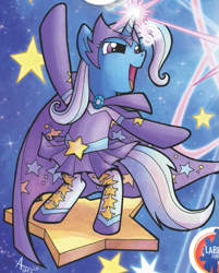 Size: 675x840 | Tagged: safe, idw, character:trixie, species:pony, species:unicorn, clothing, costume, solo, superhero