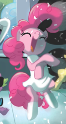 Size: 250x470 | Tagged: safe, idw, character:pinkie pie, species:earth pony, species:pony, clothing, crossed hooves, dancing, dress, eyes closed, gangnam style, open mouth, solo