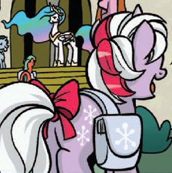 Size: 300x303 | Tagged: safe, idw, character:powder, character:princess celestia, species:alicorn, species:pony, species:unicorn, g1, background pony, bow, female, g1 to g4, generation leap, mare, professor inkwell, saddle bag, tail bow, unnamed pony