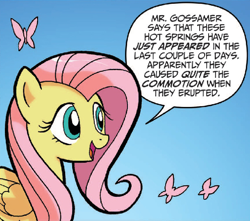 Size: 610x539 | Tagged: safe, artist:tonyfleecs, idw, official comic, character:fluttershy, species:pegasus, species:pony, blue background, butterfly, cropped, dialogue, female, insect, mare, mr. gossamer, ponies of dark water, simple background, speech bubble