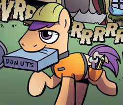 Size: 623x534 | Tagged: safe, artist:agnesgarbowska, idw, official comic, species:earth pony, species:pony, cropped, dialogue, digger (character), donut, food, hard hat, hat, male, mouth hold, speech bubble, stallion, wrench