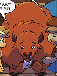 Size: 502x672 | Tagged: safe, artist:tonyfleecs, idw, official comic, character:applejack, species:buffalo, species:earth pony, species:pony, buffy the buffalo, cloven hooves, cropped, dialogue, female, from the shadows, male, mare, solo focus, speech bubble