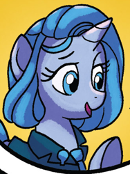 Size: 330x440 | Tagged: safe, artist:tonyfleecs, idw, official comic, species:pony, species:unicorn, cropped, female, from the shadows, mare, simple background, unnamed character, unnamed pony, yellow background