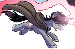 Size: 1200x777 | Tagged: safe, artist:tonyfleecs, idw, official comic, character:shadow lock, species:pony, species:unicorn, cape, clothing, cropped, from the shadows, magic, male, running, simple background, stallion, white background
