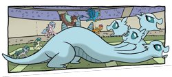 Size: 991x446 | Tagged: safe, artist:tonyfleecs, idw, character:gallus, character:ocellus, character:sandbar, character:silverstream, character:smolder, character:yona, species:changeling, species:classical hippogriff, species:dragon, species:earth pony, species:griffon, species:hippogriff, species:pony, species:reformed changeling, species:yak, comic, cropped, disguise, disguised changeling, hail hydra, hydra, hydrafied, multiple heads, species swap, student six, swift foot