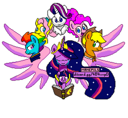 Size: 1016x936 | Tagged: safe, alternate version, artist:sugar morning, editor:cocoa bittersweet, character:applejack, character:fluttershy, character:pinkie pie, character:rainbow dash, character:rarity, character:twilight sparkle, character:twilight sparkle (alicorn), character:twilight sparkle (unicorn), species:alicorn, species:earth pony, species:pegasus, species:pony, species:unicorn, episode:the last problem, g4, my little pony: friendship is magic, big crown thingy 2.0, bonnet, book, bust, crying, cute, end of ponies, ethereal mane, female, galaxy mane, glare, lidded eyes, mane six, manepxls, mare, mlp fim's ninth anniversary, older, older applejack, older fluttershy, older mane six, older pinkie pie, older rainbow dash, older rarity, older twilight, pixel art, portrait, princess twilight 2.0, pxls.space, simple background, smiling, smirk, spread wings, stars, transparent background, wings, younger