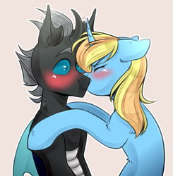 Size: 1411x1440 | Tagged: safe, artist:ilovefraxus, oc, oc only, oc:skydreams, oc:tectus ignis, species:changeling, species:pony, species:unicorn, blushing, blushing profusely, changeling oc, female, kiss on the cheek, kissing, love, mare, nuzzling, skytus, surprise kiss, ych result