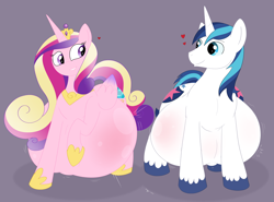 Size: 2100x1554 | Tagged: safe, artist:necrofeline, character:princess cadance, character:shining armor, species:alicorn, species:pony, species:unicorn, ship:shiningcadance, belly, belly button, big belly, duo, female, floating heart, heart, hyper, hyper pregnancy, impossibly large belly, looking at each other, male, male pregnancy, mare, one hoof raised, outie belly button, pregarmor, pregdance, pregnant, shipping, simple background, smiling, stallion, straight