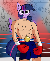 Size: 1960x2398 | Tagged: safe, artist:artiks, character:twilight sparkle, character:twilight sparkle (alicorn), species:alicorn, species:anthro, species:pony, bipedal, boxing, boxing gloves, boxing shorts, championship belt, looking at you, not salmon, rocky balboa, solo, sports, wat, why