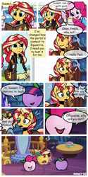 Size: 1500x3000 | Tagged: safe, artist:nancy-05, idw, character:pinkie pie, character:sunset shimmer, character:twilight sparkle, species:earth pony, species:pony, species:unicorn, my little pony:equestria girls, apple, apple pinkie, comic, food, how, living apple, portal, species swap, wat