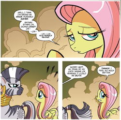 Size: 954x948 | Tagged: safe, artist:tonyfleecs, idw, official comic, character:fluttershy, character:zecora, species:pegasus, species:pony, species:zebra, friends forever, comic, cropped, dialogue, duo, ear piercing, earring, female, jewelry, looking back, mare, neck rings, piercing, speech bubble, stare