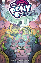 Size: 1318x2000 | Tagged: safe, artist:kate sherron, idw, character:marble pie, character:maud pie, balloon, banner, cake, clothing, cover, food, hat, party, party hat, rock