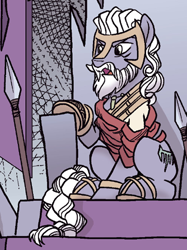 Size: 334x446 | Tagged: safe, artist:tonyfleecs, idw, official comic, species:earth pony, species:pony, beard, braid, braided tail, cropped, facial hair, king diomedes, male, sitting, solo, spear, stallion, thracian, throne, weapon