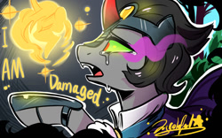 Size: 1146x717 | Tagged: safe, artist:oofycolorful, idw, character:good king sombra, character:king sombra, species:pony, species:unicorn, colored horn, crying, curved horn, fangs, former good king sombra, horn, open mouth, reflections, solo, sombra eyes, sombra horn, spiritlestia