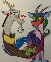 Size: 431x527 | Tagged: safe, artist:raritylover152, idw, character:cosmos, character:discord, species:draconequus, ship:coscord, female, heart, heart eyes, in love, male, shipping, straight, traditional art, wingding eyes