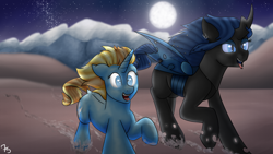 Size: 5760x3240 | Tagged: safe, artist:sevenserenity, oc, oc:queen lahmia, oc:skydreams, species:changeling, absurd resolution, blue changeling, changeling queen, changeling queen oc, desert, female, manic grin, moon, moonlight, mountain, night, night sky, running, sky, tongue out