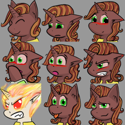 Size: 600x600 | Tagged: safe, artist:skydreams, oc, oc only, oc:molasses candy, species:pony, species:unicorn, fallout equestria, angry, blep, blushing, blushing ears, commission, embarrassed, emoji, emotes, fallout equestria: scoundrels, female, mare, on fire, sad, smiling, smirk, surprised, tongue out