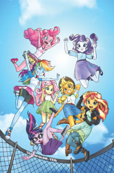 Size: 1186x1800 | Tagged: safe, artist:pencils, idw, character:applejack, character:fluttershy, character:pinkie pie, character:rainbow dash, character:rarity, character:sunset shimmer, character:twilight sparkle, character:twilight sparkle (scitwi), species:eqg human, my little pony:equestria girls, armpits, boots, clothing, cloud, comic cover, compression shorts, converse, cowboy hat, cute, denim skirt, dress, freckles, glasses, hat, high heels, humane five, humane seven, humane six, jumping, leather, leather boots, march radness, miniskirt, pleated skirt, ponytail, ribbon sandals, shoes, shorts, skirt, sky, sneakers, stetson, sun, tank top, trampoline