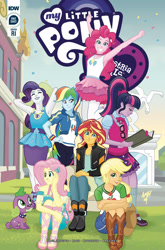 Size: 2063x3131 | Tagged: safe, artist:tonyfleecs, idw, character:applejack, character:fluttershy, character:pinkie pie, character:rainbow dash, character:rarity, character:spike, character:spike (dog), character:sunset shimmer, character:twilight sparkle, character:twilight sparkle (scitwi), species:dog, species:eqg human, my little pony:equestria girls, armpits, book, clothing, cover, denim skirt, dress, freckles, glasses, humane five, humane seven, humane six, jumping, march radness, miniskirt, pantyhose, ponytail, sitting, skirt, tank top