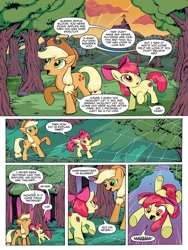 Size: 768x1024 | Tagged: safe, artist:caseycoller, idw, official comic, character:apple bloom, character:applejack, species:earth pony, species:pony, apple, apple orchard, apple sisters, apple tree, comic, dialogue, duo, female, filly, foal, mare, orchard, preview, siblings, sisters, speech bubble, spider web, tree