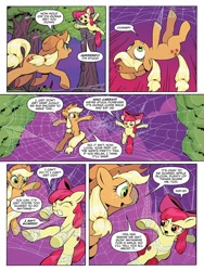 Size: 768x1024 | Tagged: safe, artist:caseycoller, idw, official comic, character:apple bloom, character:applejack, species:earth pony, species:pony, apple sisters, comic, dialogue, duo, female, filly, foal, mare, preview, siblings, sisters, speech bubble, spider web, tree