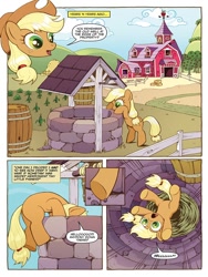 Size: 768x1024 | Tagged: safe, artist:caseycoller, idw, official comic, character:applejack, species:earth pony, species:pony, comic, dialogue, disembodied head, falling, female, filly, filly applejack, foal, preview, silly, silly pony, speech bubble, sweet apple acres, well, who's a silly pony, younger