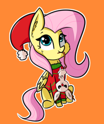 Size: 1326x1586 | Tagged: safe, artist:artiks, character:angel bunny, character:fluttershy, species:pegasus, species:pony, angel is not amused, antlers, cheek fluff, christmas, christmas sweater, clothing, cute, ear fluff, female, hat, holiday, mare, neck fluff, orange background, reindeer antlers, santa hat, shyabetes, simple background, sweater