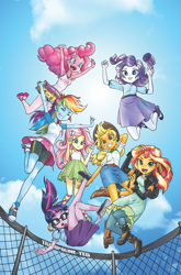 Size: 1186x1800 | Tagged: safe, artist:pencils, edit, editor:rmzero, idw, character:applejack, character:fluttershy, character:pinkie pie, character:rainbow dash, character:rarity, character:sunset shimmer, character:twilight sparkle, character:twilight sparkle (scitwi), species:eqg human, my little pony:equestria girls, armpits, boots, clothing, cloud, comic cover, converse, cute, dress, humane five, humane seven, humane six, jumping, leather, leather boots, march radness, pantyhose, ribbon sandals, shoes, skirt, sky, sneakers, sun, tank top, tights, trampoline