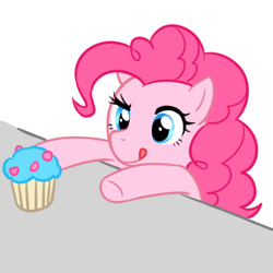 Size: 500x500 | Tagged: safe, artist:apzzang, character:pinkie pie, species:earth pony, species:pony, cupcake, cute, diapinkes, eyes on the prize, female, food, mare, pixiv, reaching, simple background, solo, tongue out, white background