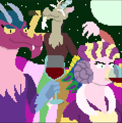 Size: 721x723 | Tagged: safe, artist:ultimatum323, idw, character:cosmos, character:discord, character:princess eris, species:draconequus, chaos, discorded landscape, glass, pixel art, wine bottle, wine glass