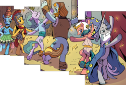 Size: 1244x836 | Tagged: safe, artist:pencils, idw, character:flash magnus, character:meadowbrook, character:mistmane, character:ocellus, character:rockhoof, character:somnambula, character:star swirl the bearded, species:changeling, species:earth pony, species:pegasus, species:pony, species:reformed changeling, species:unicorn, g4, bipedal, comic, cropped, dancing, disguise, pillars of equestria