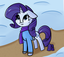 Size: 1484x1337 | Tagged: safe, artist:artiks, character:rarity, species:pony, species:unicorn, clothing, female, jacket, mare, scarf, smiling, snow, solo