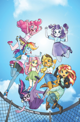 Size: 1186x1800 | Tagged: safe, artist:pencils, edit, editor:rmzero, idw, character:applejack, character:fluttershy, character:pinkie pie, character:rainbow dash, character:rarity, character:sunset shimmer, character:twilight sparkle, character:twilight sparkle (scitwi), species:eqg human, my little pony:equestria girls, armpits, boots, clothing, cloud, comic cover, converse, cowboy hat, cute, denim skirt, dress, hat, humane five, humane seven, humane six, jumping, leather, leather boots, march radness, pantyhose, ribbon sandals, shoes, skirt, sky, sneakers, stetson, sun, tank top, tights, trampoline