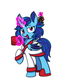 Size: 2000x2300 | Tagged: safe, artist:sugar morning, oc, oc only, oc:sapphie, species:alicorn, species:bat pony, species:pony, alicorn oc, bat pony alicorn, bat pony oc, bathrobe, clothing, commission, cup, female, folded wings, hybrid, looking at you, magic, mare, mistletoe, raised hoof, robe, simple background, smiling, solo, telekinesis, tired, transparent background, wings