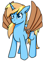Size: 1200x1605 | Tagged: safe, artist:sevenserenity, oc, oc only, oc:skydreams, species:pony, species:unicorn, 2020 community collab, derpibooru community collaboration, artificial wings, augmented, female, looking at you, mare, mechanical wing, simple background, solo, standing, transparent background, wings