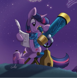 Size: 547x553 | Tagged: safe, artist:amy mebberson, edit, idw, character:twilight sparkle, character:twilight sparkle (unicorn), species:pony, species:unicorn, clothing, comic cover, cropped, cup, cute, night, scarf, sitting, smiling, solo, telescope, thermos, twiabetes