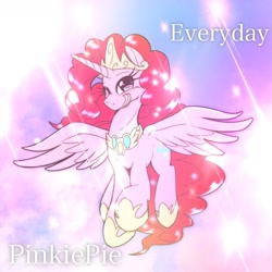 Size: 1536x1536 | Tagged: safe, artist:kurogewapony, idw, character:pinkie pie, species:alicorn, species:pony, alicornified, crown, cute, diapinkes, female, flying, hoof shoes, jewelry, mare, one eye closed, peytral, pinkiecorn, princess of chaos, race swap, regalia, sky, smiling, solo, spread wings, wings, wink, xk-class end-of-the-world scenario