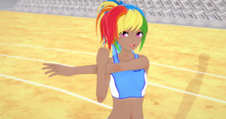Size: 2048x1080 | Tagged: safe, artist:katsudon, kotobukiya, character:rainbow dash, species:human, 3d, belly, belly button, clothing, dark skin, delicious flat chest, female, humanized, koikatsu, kotobukiya rainbow dash, looking away, ponytail, race track, rainbow flat, smiling, sports bra, stretching, tan lines