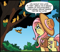 Size: 671x577 | Tagged: safe, artist:brendahickey, idw, official comic, character:fluttershy, species:bird, species:pegasus, species:pony, animal, clothing, cropped, dialogue, female, flock, flying, goldfinch, hat, mare, saddle bag, speech bubble, tree