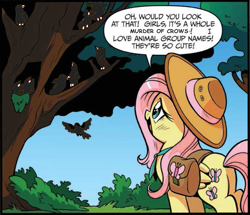 Size: 671x577 | Tagged: safe, artist:brendahickey, edit, idw, character:fluttershy, species:bird, species:crow, species:pegasus, species:pony, animal, butt, clothing, dialogue, female, hat, mare, murder of crows, plot, saddle bag, speech bubble, tree