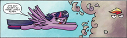 Size: 850x257 | Tagged: safe, artist:agnesgarbowska, idw, official comic, character:rainbow dash, character:twilight sparkle, character:twilight sparkle (alicorn), species:alicorn, species:pony, comic, cropped, dialogue, duo, dust, female, flying, mare, speech bubble