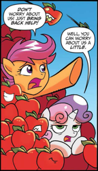 Size: 333x580 | Tagged: safe, artist:tonyfleecs, idw, official comic, character:scootaloo, character:sweetie belle, species:pegasus, species:pony, species:unicorn, apple, cropped, dialogue, female, filly, foal, living apple, night of the living apples, speech bubble