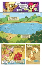 Size: 993x1528 | Tagged: safe, artist:caseycoller, idw, official comic, character:apple bloom, character:apple bumpkin, character:applejack, character:big mcintosh, character:gala appleby, character:lavender fritter, character:red gala, species:earth pony, species:pony, apple, apple family member, apple tree, colt, comic, cute, dialogue, female, filly, foal, lake, male, sad, sadorable, speech bubble, tree, younger