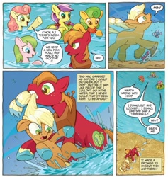 Size: 736x777 | Tagged: safe, artist:caseycoller, idw, official comic, character:apple bumpkin, character:applejack, character:big mcintosh, character:gala appleby, character:lavender fritter, character:red gala, species:earth pony, species:pony, apple family member, colt, comic, dialogue, female, filly, foal, male, siblings, sisters, speech bubble, younger