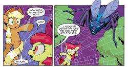 Size: 748x393 | Tagged: safe, artist:caseycoller, idw, official comic, character:apple bloom, character:applejack, species:earth pony, species:pony, apple sisters, comic, dialogue, female, filly, foal, mare, nope, siblings, sisters, speech bubble, spider web, wolf fly-der