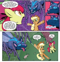 Size: 728x749 | Tagged: safe, artist:caseycoller, idw, official comic, character:apple bloom, character:applejack, species:earth pony, species:pony, apple sisters, cropped, dialogue, female, filly, foal, mare, siblings, sisters, speech bubble, spider web, tongue out, wolf fly-der