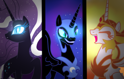 Size: 1006x638 | Tagged: safe, artist:missxxfofa123, base used, idw, character:daybreaker, character:nightmare moon, character:nightmare rarity, character:princess celestia, character:princess luna, character:rarity, glowing eyes