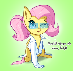 Size: 2590x2511 | Tagged: safe, artist:artiks, character:fluttershy, species:pegasus, species:pony, clothing, cute, dialogue, female, lab coat, mare, one eye closed, oversized clothes, ponytail, redraw, shyabetes, simple background, solo, wink